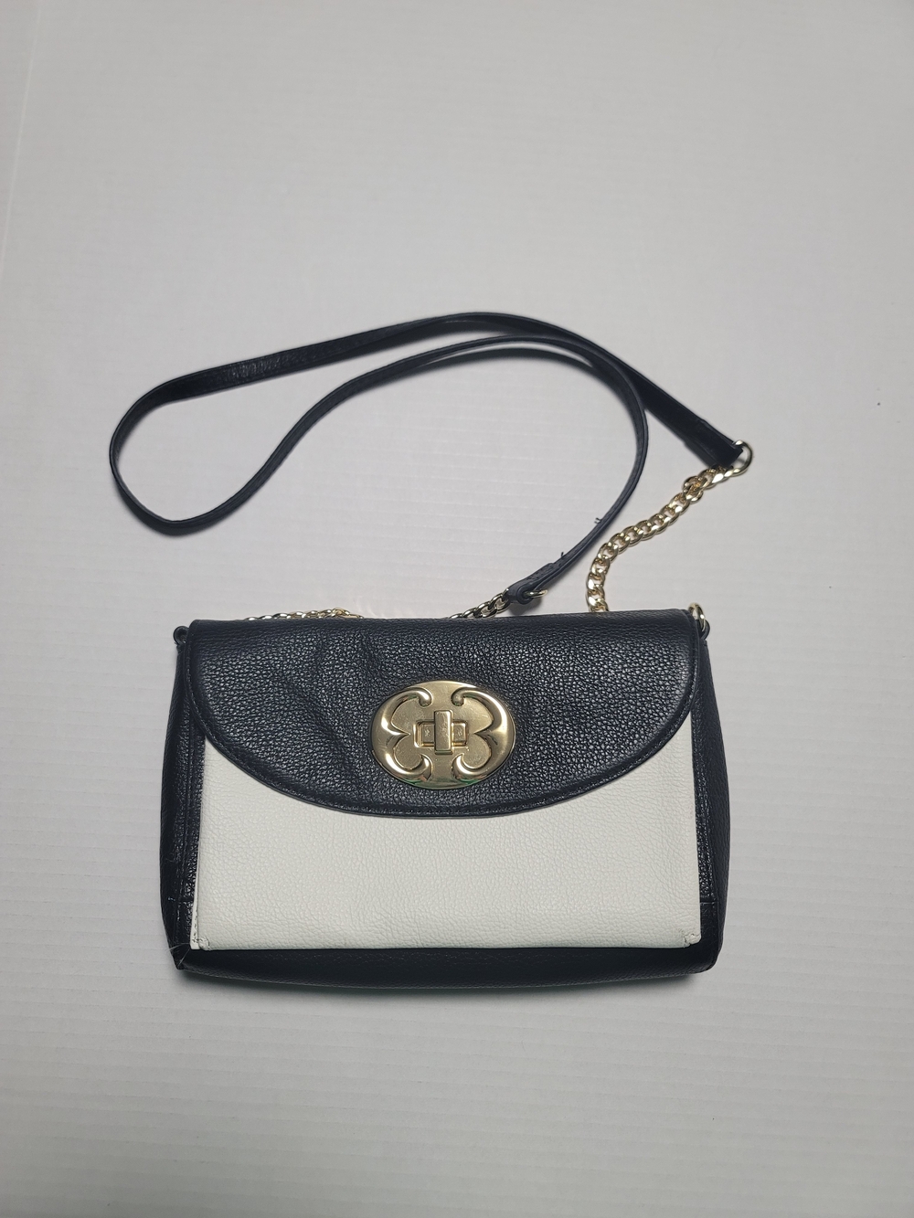 Emma Fox Black and White Leather Crossbody Bag with Gold Turn-Lock